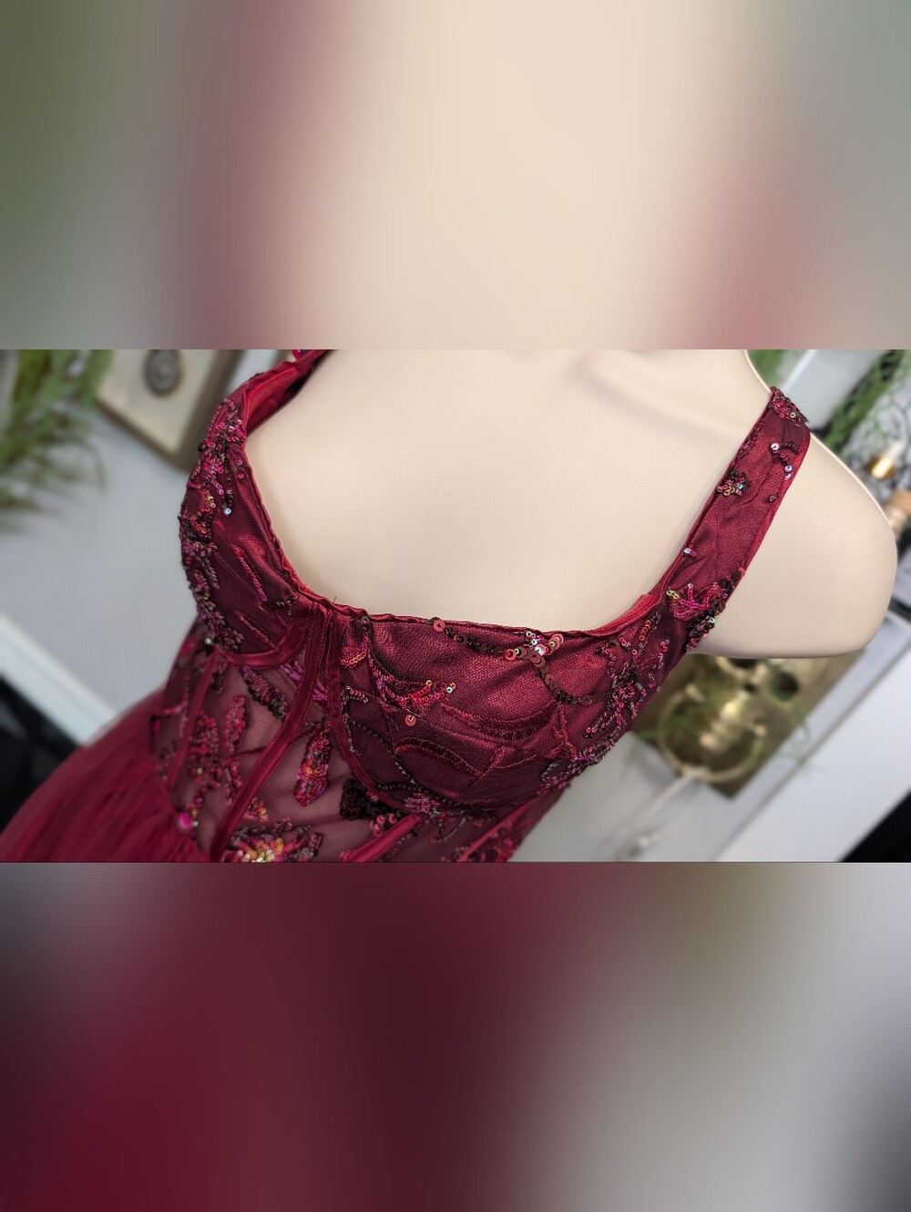 Faeriesty Maroon Metallic Tulle Beaded Bodice Corset Gown Maxi Fairy Dress LG - Picture 6 of 15